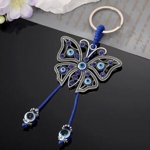 NEW Butterfly Blue & Silver Rope Good Luck Charm Bead Tassel Evil Eye Keychain